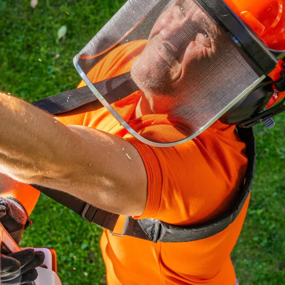 Arborist in orange safety gear with face shield on green grass.
